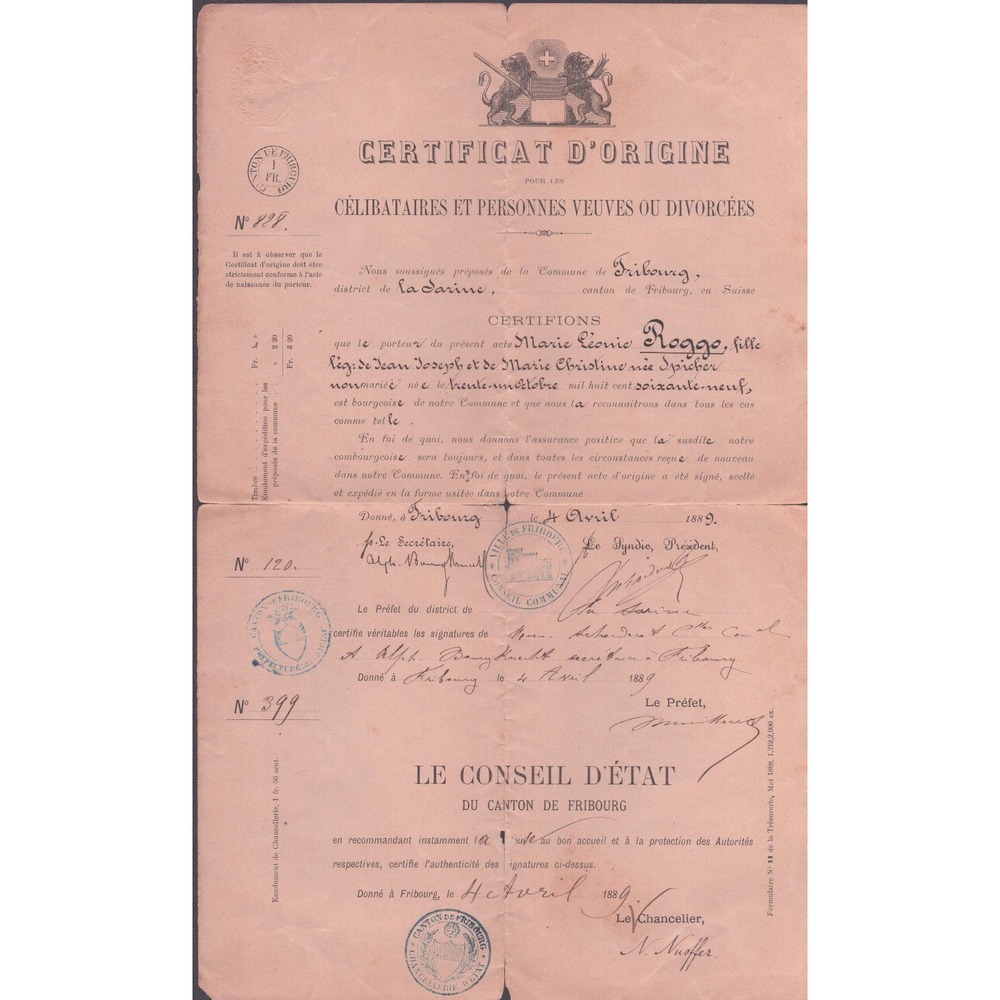 1889 Swiss Certificate of Origin Fribourg Marie Leonie Roggo Antique Document